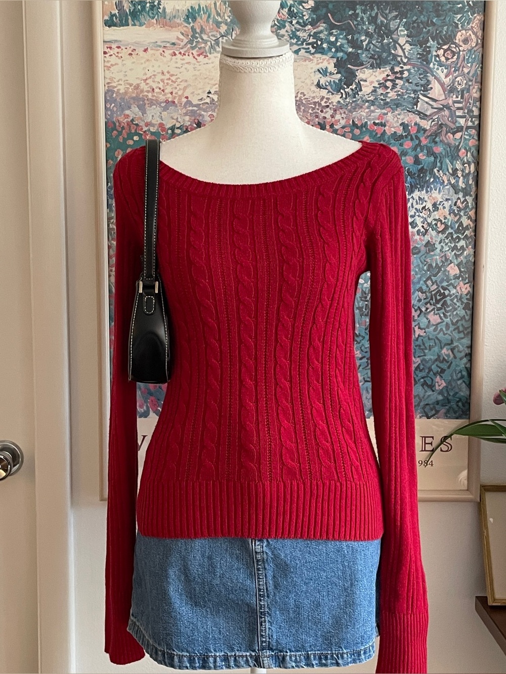 Vintage Y2K Sweater Womens Medium Red Cable Knit Preppy Old Money Downtown Girl